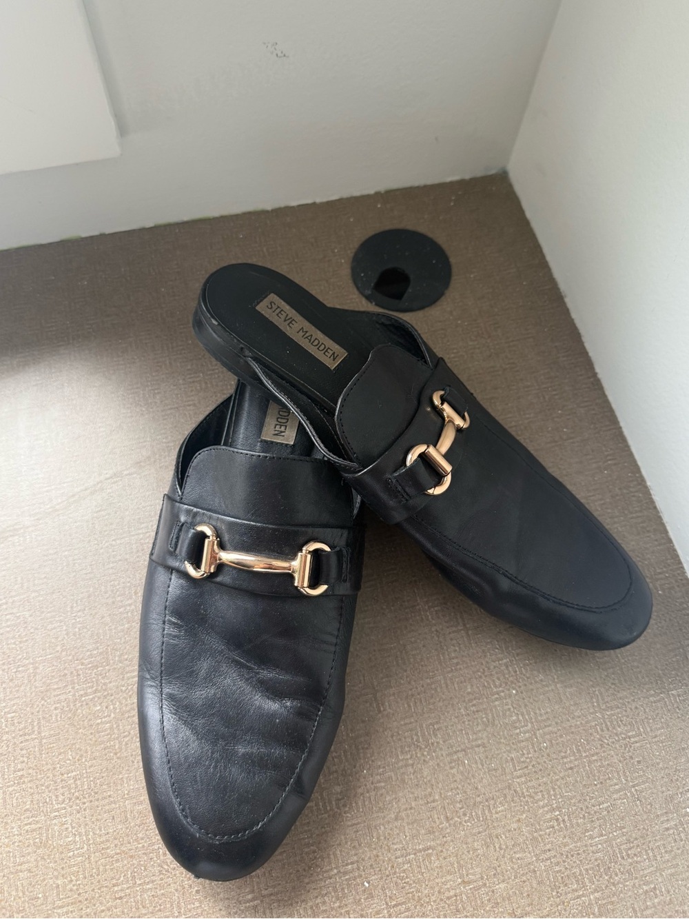 Steve Madden | Kandi Black Leather Mule Slides with Gold Bit Detail